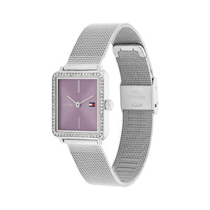 Side profile of Tommy Hilfiger Tea 1782790 women's quartz battery watch showing 7.5mm thickness and silver finish