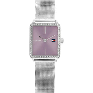 Tommy Hilfiger Tea 1782790 women's quartz battery watch with lavender sunray dial, silver square case with crystals, silver stainless steel mesh strap main view