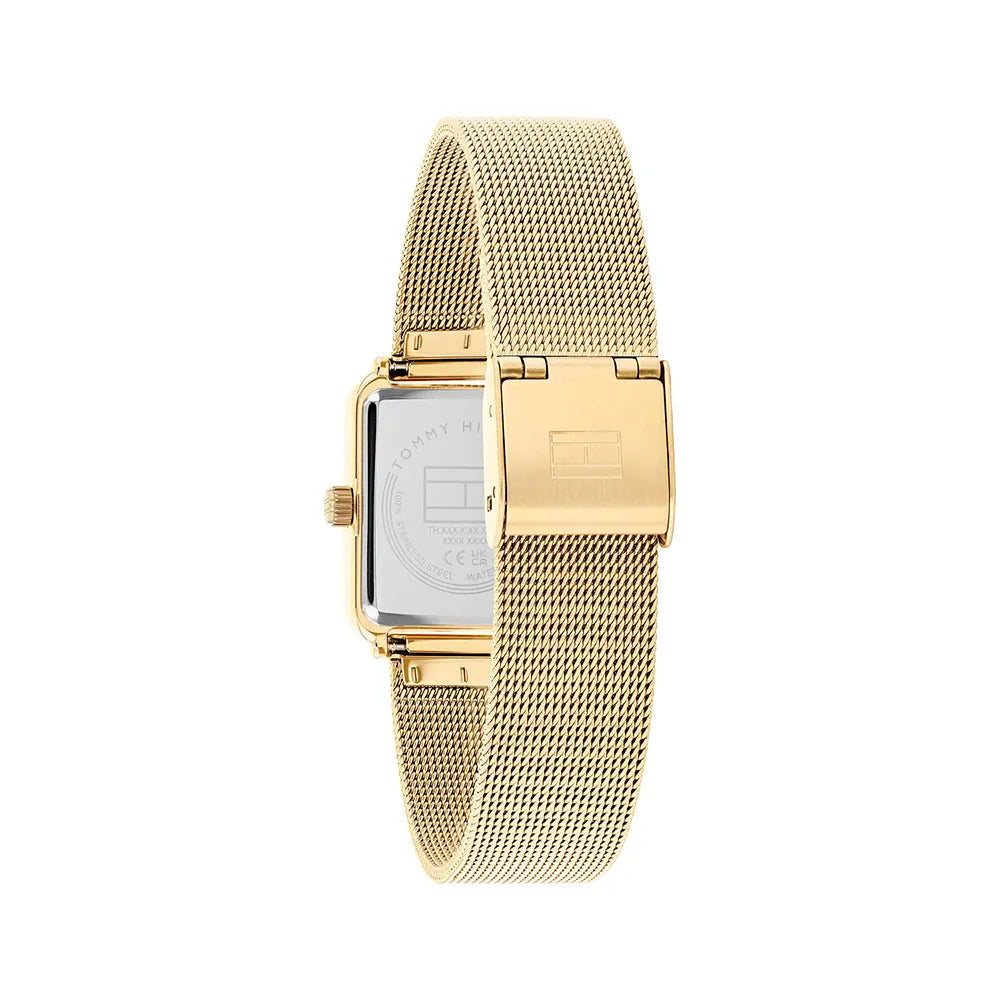 Gold-tone sliding jewelry buckle on Tommy Hilfiger Tea 1782791 women's quartz battery gold mesh strap watch