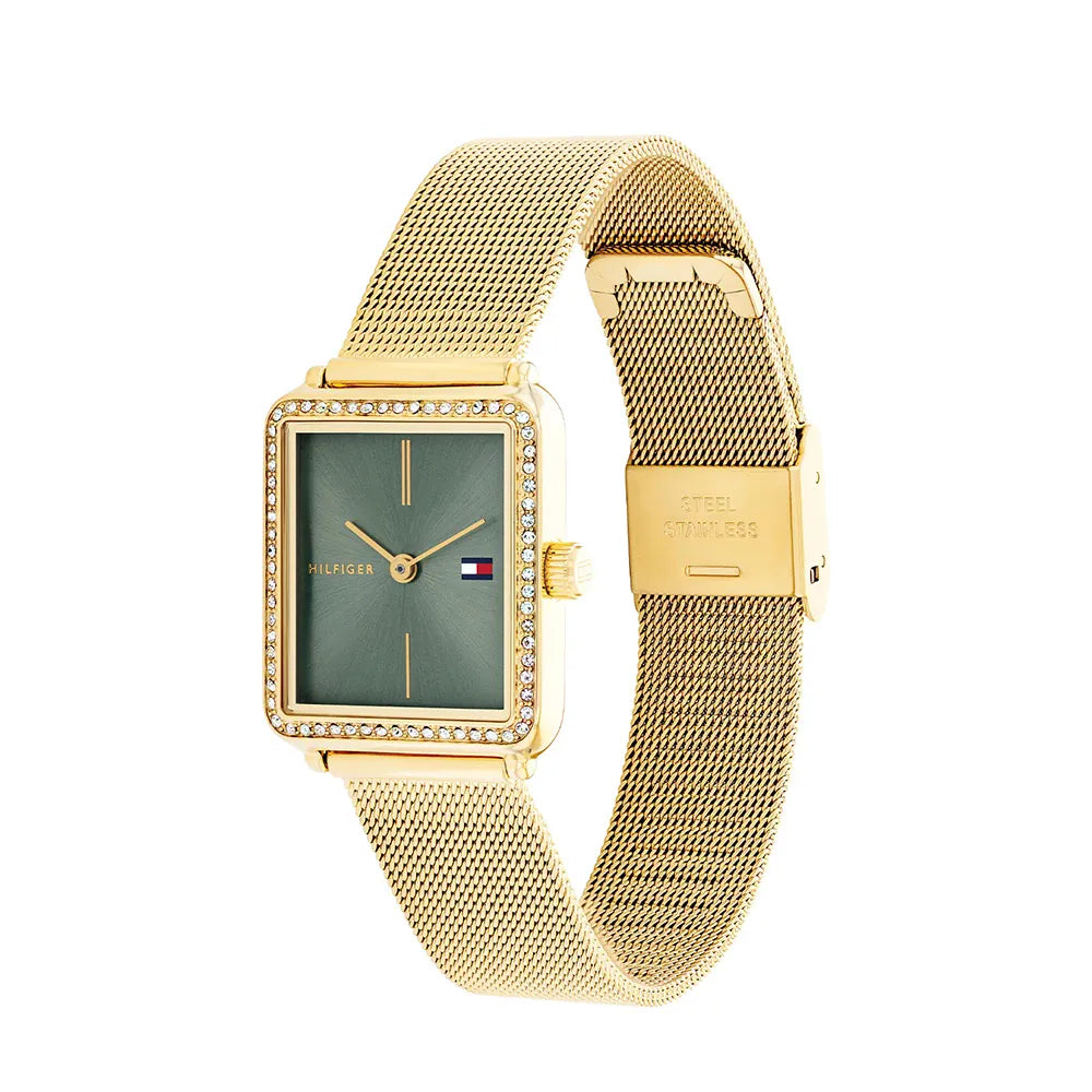 Side profile of Tommy Hilfiger Tea 1782791 women's quartz battery watch showing 7.5mm thickness and gold finish