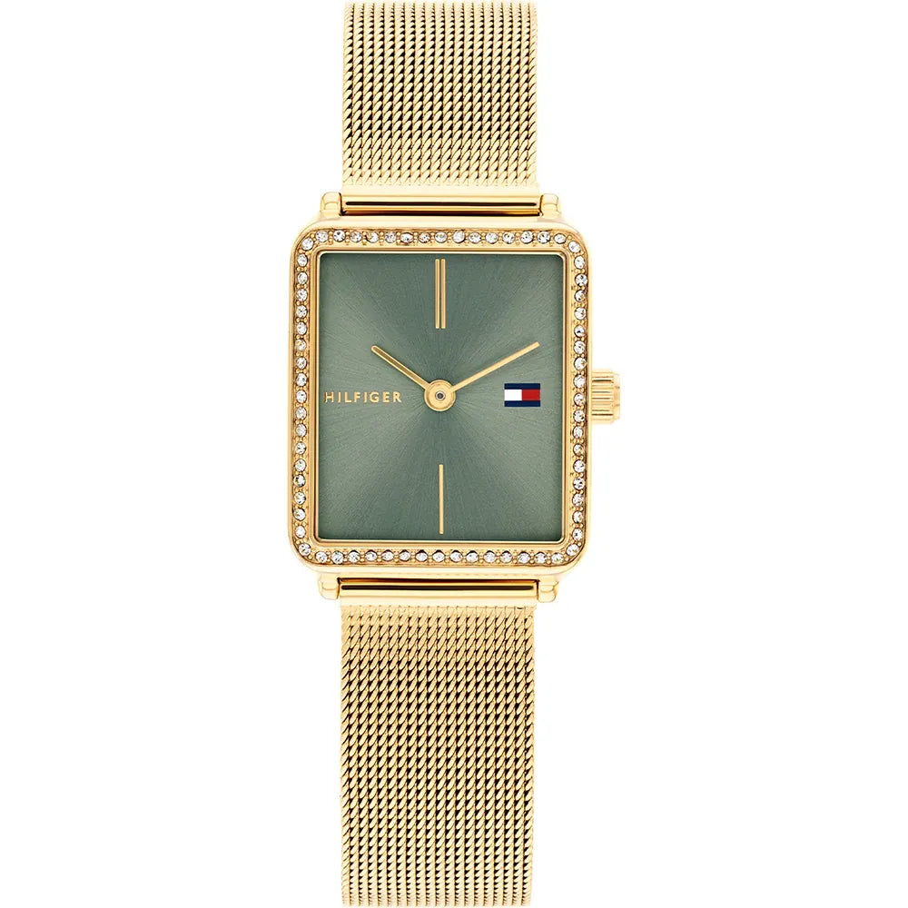 Tommy Hilfiger Tea 1782791 women's quartz battery watch with sage green sunray dial, gold square case with crystals, gold stainless steel mesh strap main view