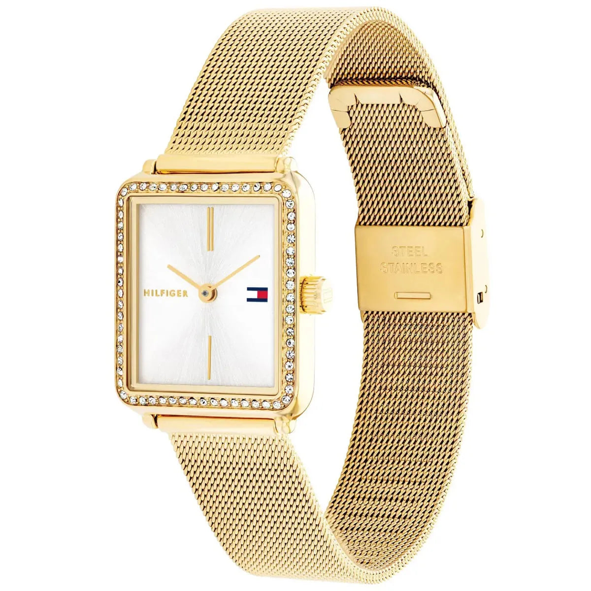 Detailed view of gold-tone textured crown on Tommy Hilfiger Tea 1782829 women's quartz battery watch