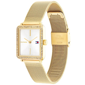 Detailed view of gold-tone textured crown on Tommy Hilfiger Tea 1782829 women's quartz battery watch