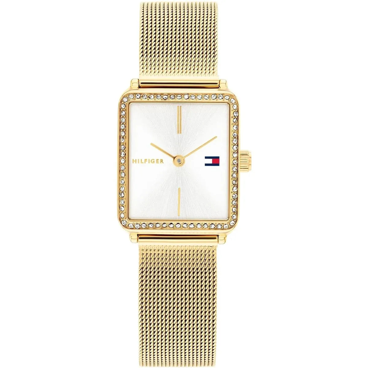 Tommy Hilfiger Tea 1782829 women's quartz battery watch with silver sunray dial, gold square case with crystals, gold stainless steel mesh strap main view