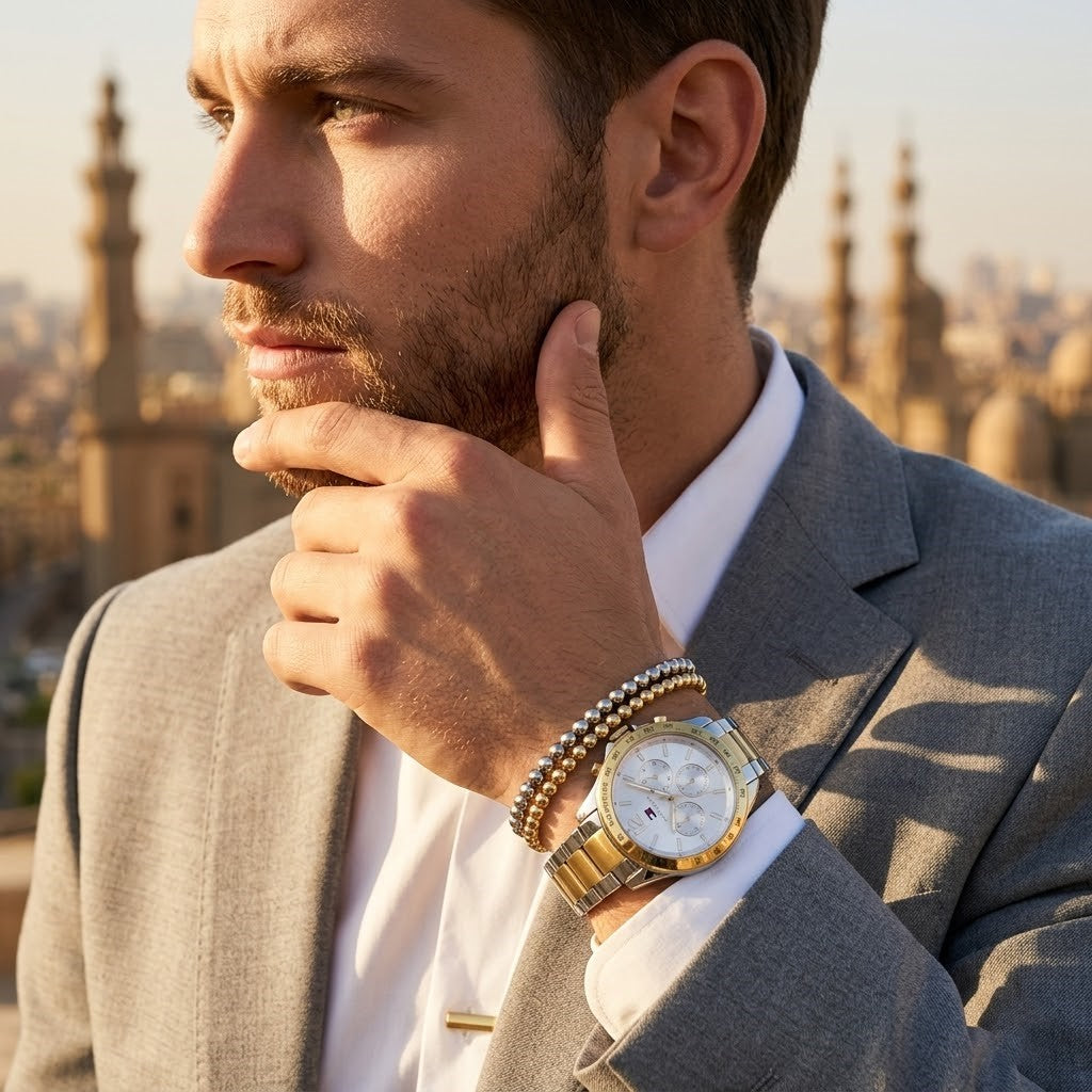 Elegant dynamic man wearing Tommy Hilfiger Hudson Multi-Function Two-Tone (1791226) watch with integrated flexible two-tone silver & gold metal integrated link bracelet adding dynamic casual luxury sports style