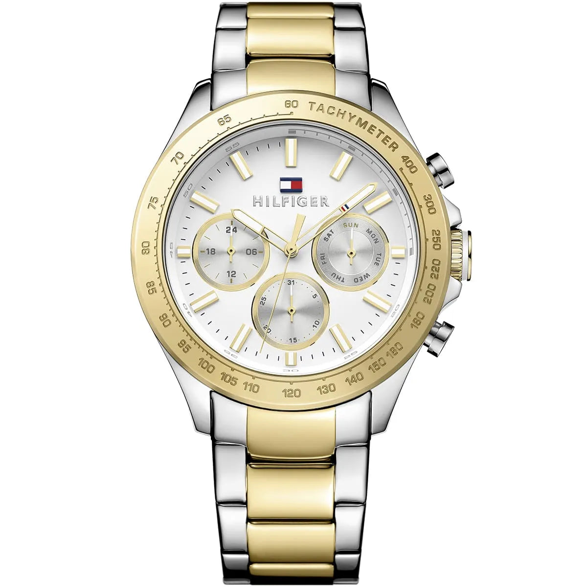 Tommy Hilfiger Hudson Men's Watch 1791226 on wrist view showing round two-tone silver and gold-tone stainless steel case dynamic fixed gold-tone tachymeter bezel silver dial applied luminous gold indices indices luminous gold central hands three detailed multi-function sub-dials and dynamic integrated flexible two-tone link bracelet visual distinctive style visual flow main view