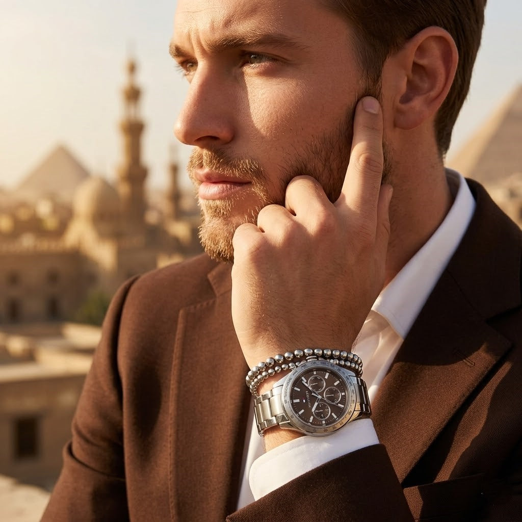 Elegant dynamic man wearing Tommy Hilfiger Hudson Multi-Function Two-Tone (1791229) watch with integrated flexible silver metal integrated link bracelet adding distinctive casually bold dynamic masculine casual luxury sports style casual casual