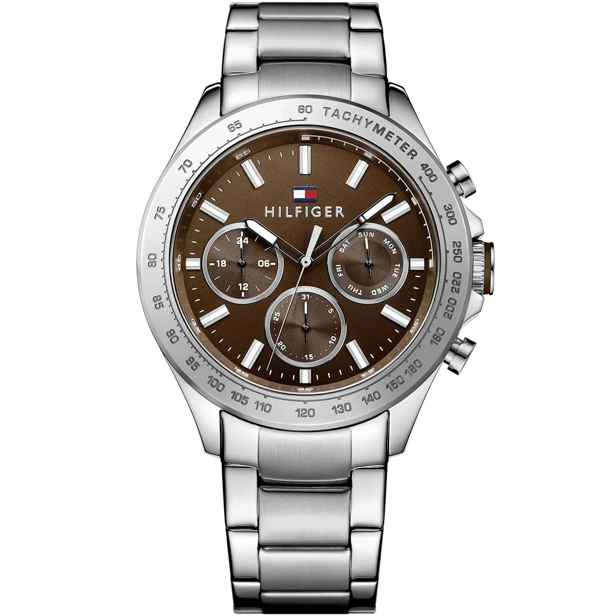 Tommy Hilfiger Hudson Men's Watch R1791229 main view on wrist angled profile view showing round polished silver stainless steel case dynamic smooth bezel deep brown sunray dial luminous hands applied indices three multi-function display sub-dials showing day date 24-hour time