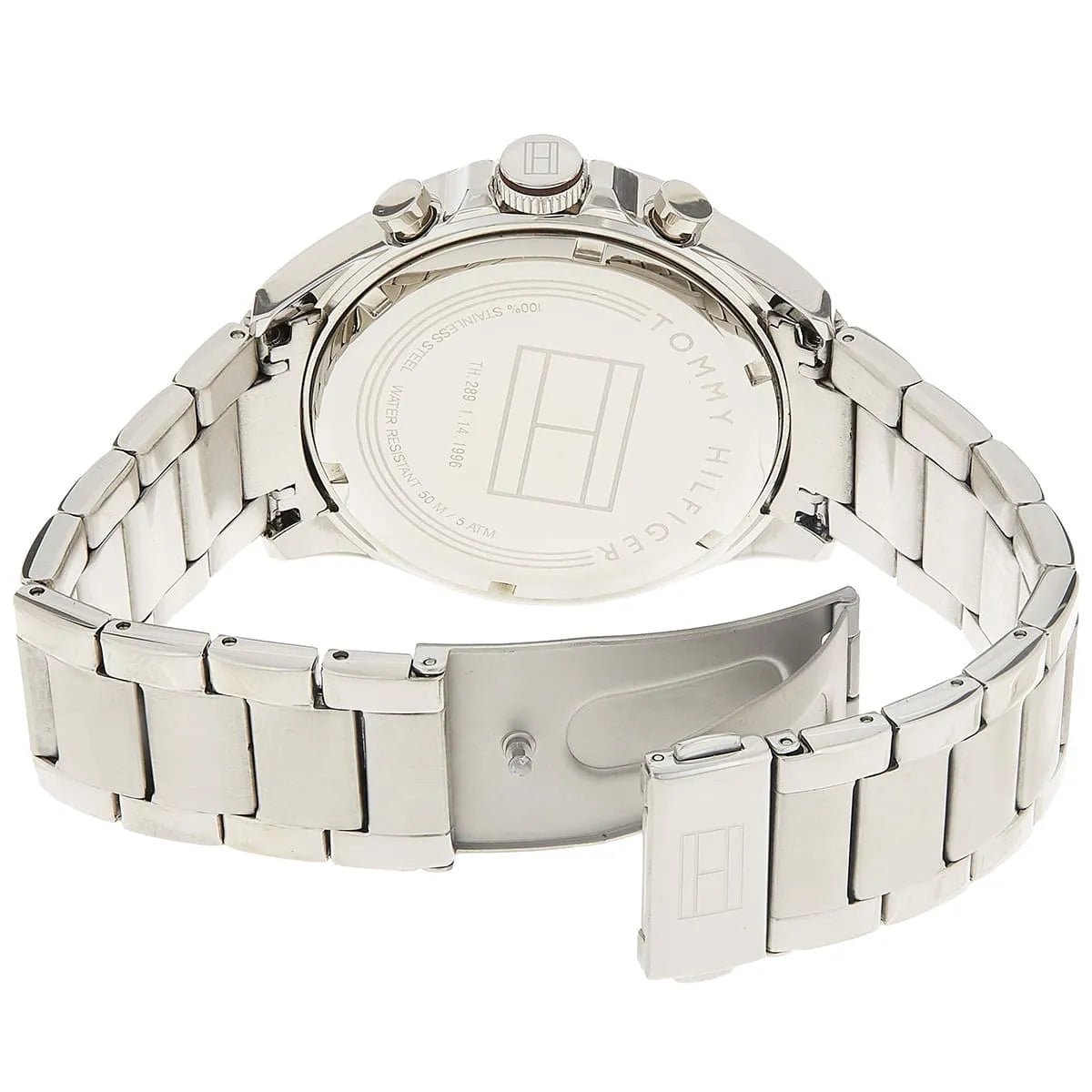 Silver watch with metal band on a white background