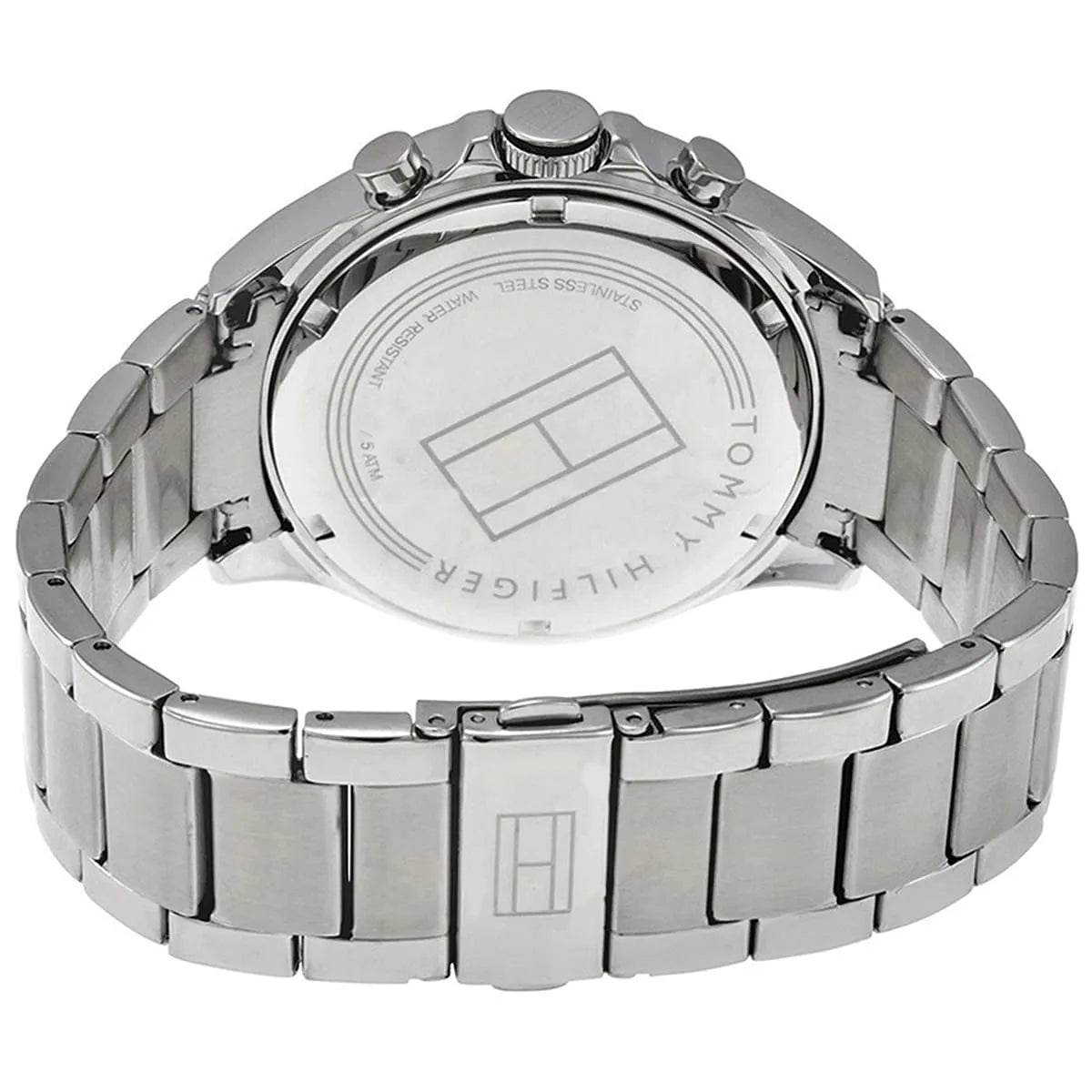 Detailed solid caseback view of Tommy Hilfiger 1791229 men's watch showing technical specifications 50m water resistance Quartz movement dynamic brand dynamic distinctive branding area central dynamic Analogue Central central dynamic central minute track visual dynamic casual luxury jewelry-like appearance dynamic visual causal utility