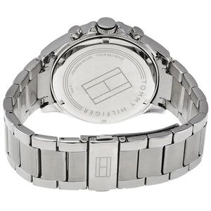 Detailed solid caseback view of Tommy Hilfiger 1791229 men's watch showing technical specifications 50m water resistance Quartz movement dynamic brand dynamic distinctive branding area central dynamic Analogue Central central dynamic central minute track visual dynamic casual luxury jewelry-like appearance dynamic visual causal utility