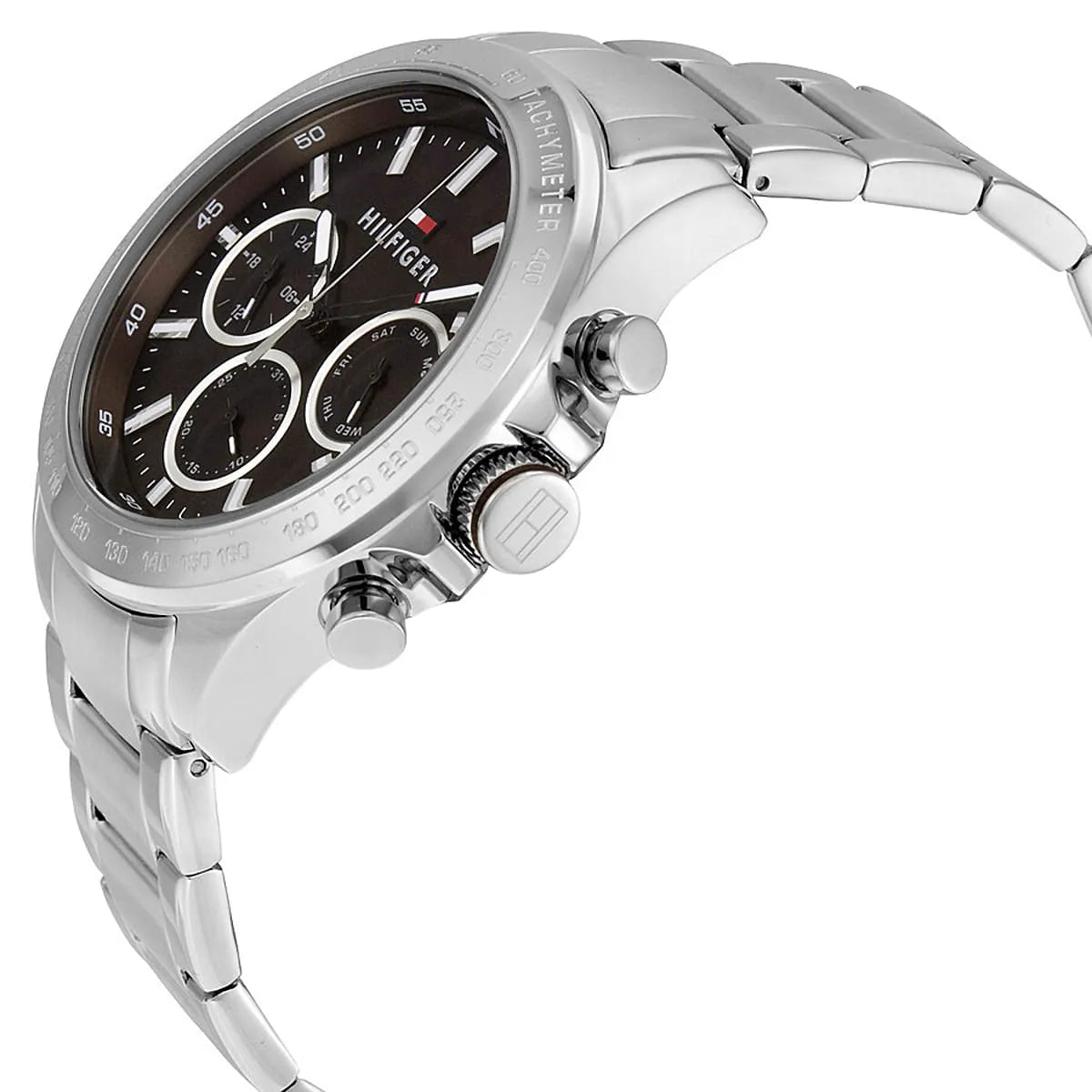 Right angled profile view of Tommy Hilfiger Hudson 1791229 men's watch showing polished integrated integrated flexible integrated flexible integrated rounded squircle silver case distinctive dynamic polished smooth integrated bezel detailed textured crown integrated links causal dynamic casual casual dynamic utility