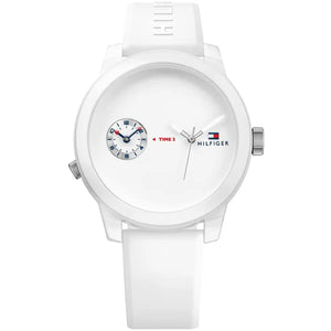 Tommy Hilfiger Duo 1791324 men's watch featuring a white composite case, minimalist white dial with dual-time sub-dial, and white rubber strap
