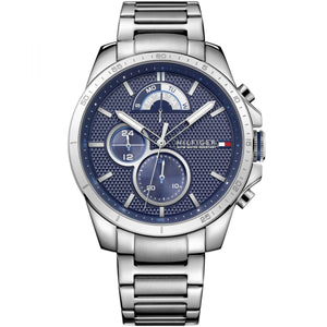 Tommy Hilfiger Decker 1791348 men's quartz battery watch with blue dial, silver-tone case, silver stainless steel bracelet main view
