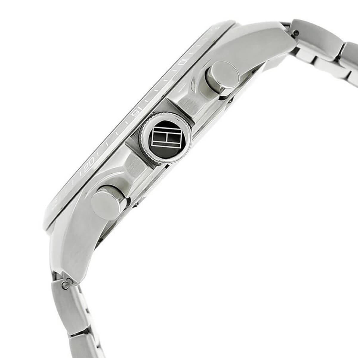 Side profile of Tommy Hilfiger Decker 1791348 men's quartz battery watch showing 12mm thickness and silver finish