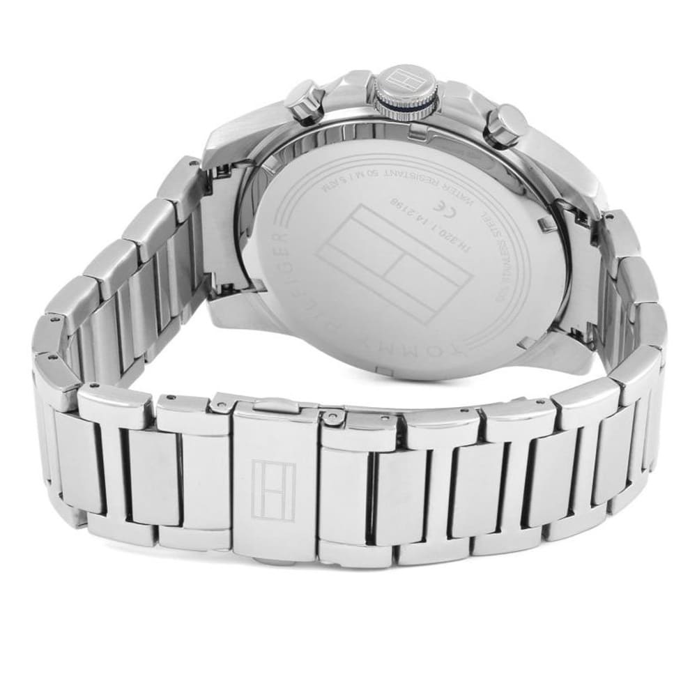 Caseback of Tommy Hilfiger Decker 1791348 men's quartz battery watch showing technical specs blue dial and metal bracelet