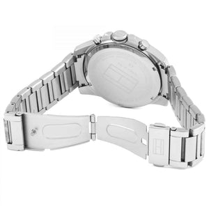 Silver-tone deployment clasp on Tommy Hilfiger Decker 1791348 men's quartz battery metal bracelet watch