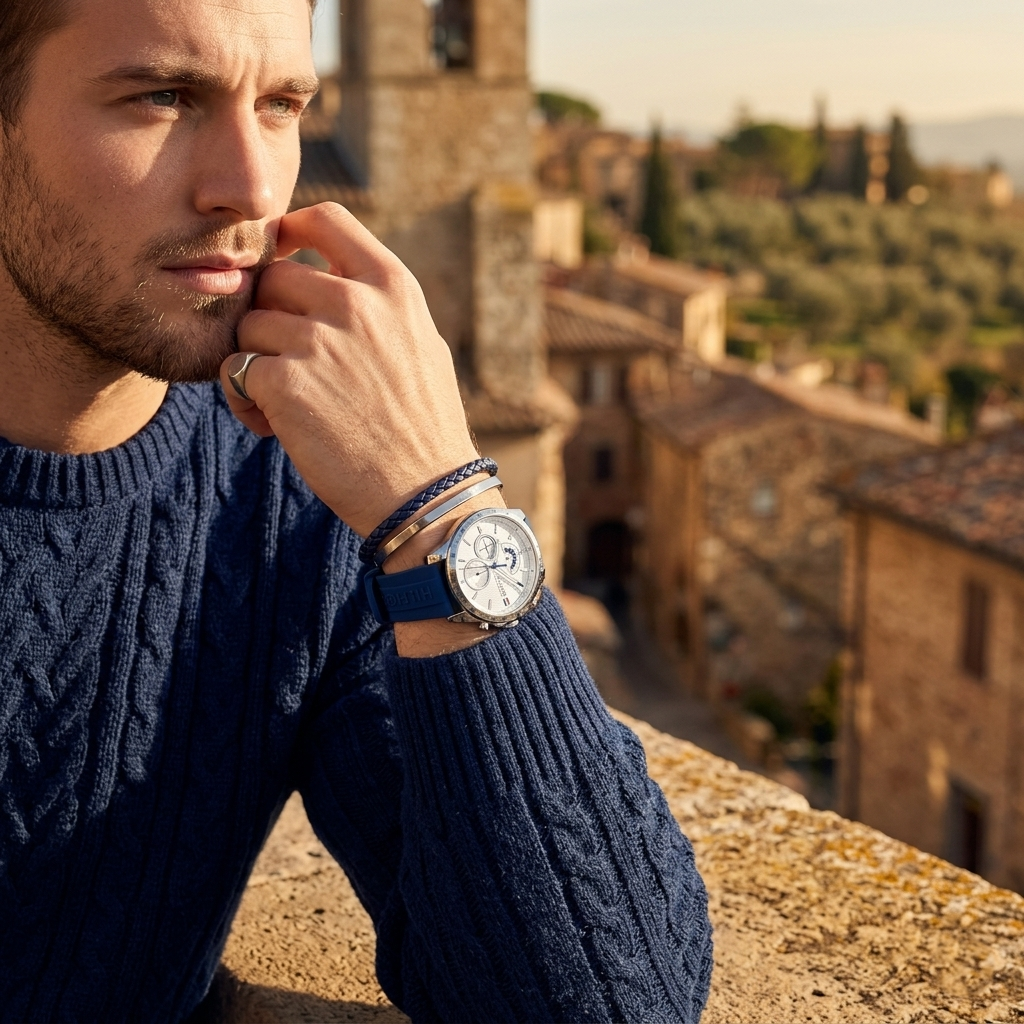 Elegant man wearing Tommy Hilfiger Decker 1791349 men's quartz battery watch with silver-tone case and sporty blue logo strap