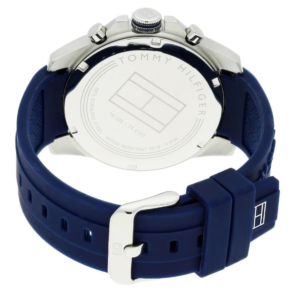 Caseback of Tommy Hilfiger Decker 1791349 men's quartz battery watch showing technical specs white dial and rubber strap