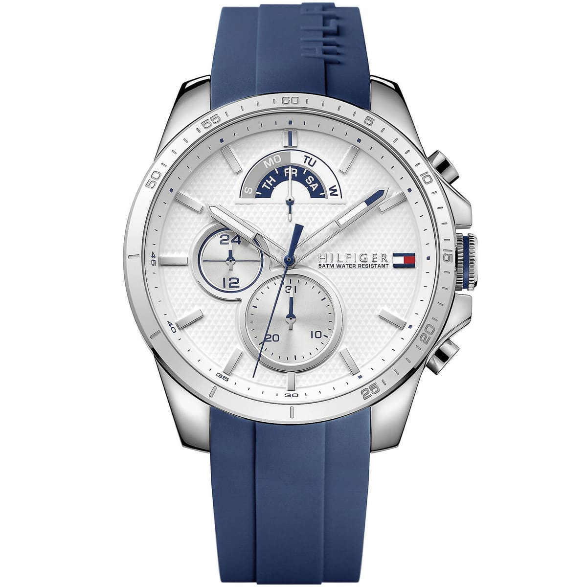 Tommy Hilfiger Decker 1791349 men's quartz battery watch with white dial, silver-tone case, blue rubber strap main view