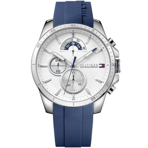 Tommy Hilfiger Decker 1791349 men's quartz battery watch with white dial, silver-tone case, blue rubber strap main view