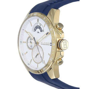 main Tommy Hilfiger Decker 1791353 men's watch with gold case white dial and blue silicone strap
