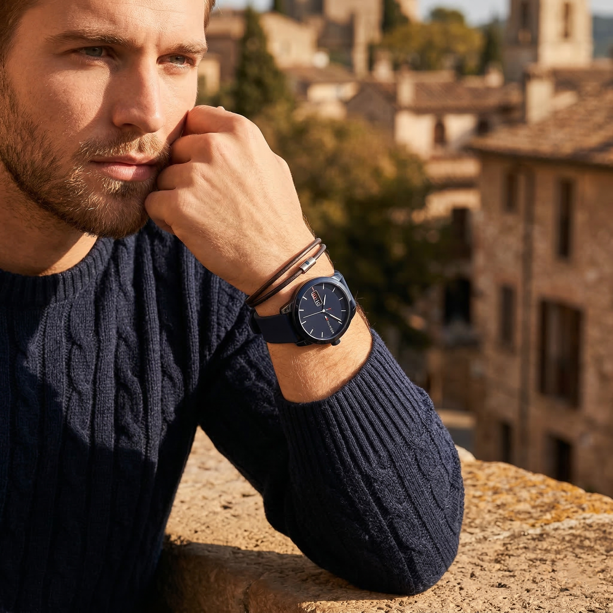 Elegant man wearing Tommy Hilfiger Denim 1791381 men's quartz battery watch with blue-tone case and sporty logo strap