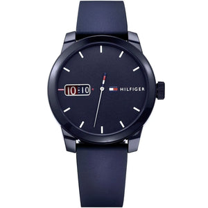 Tommy Hilfiger Denim 1791381 men's quartz battery watch with blue dial, blue-tone case, blue rubber strap main view