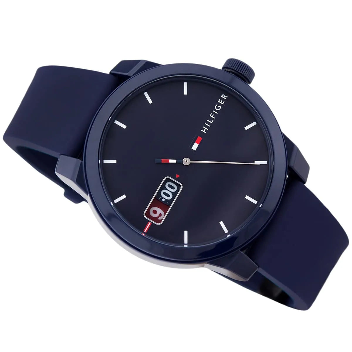 Left angled view of Tommy Hilfiger Denim 1791381 men's quartz battery watch showing blue rubber strap and blue-tone case profile