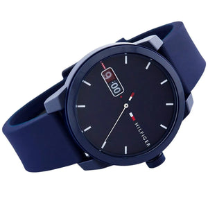 Right angled view of Tommy Hilfiger Denim 1791381 men's quartz battery watch highlighting blue finish and minimalist dial