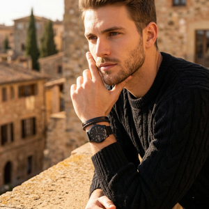 Elegant man wearing Tommy Hilfiger Denim 1791382 men's quartz battery watch with black-tone case and sporty logo strap