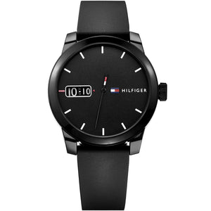 Tommy Hilfiger Denim 1791382 men's quartz battery watch with black dial, black-tone case, black rubber strap main view