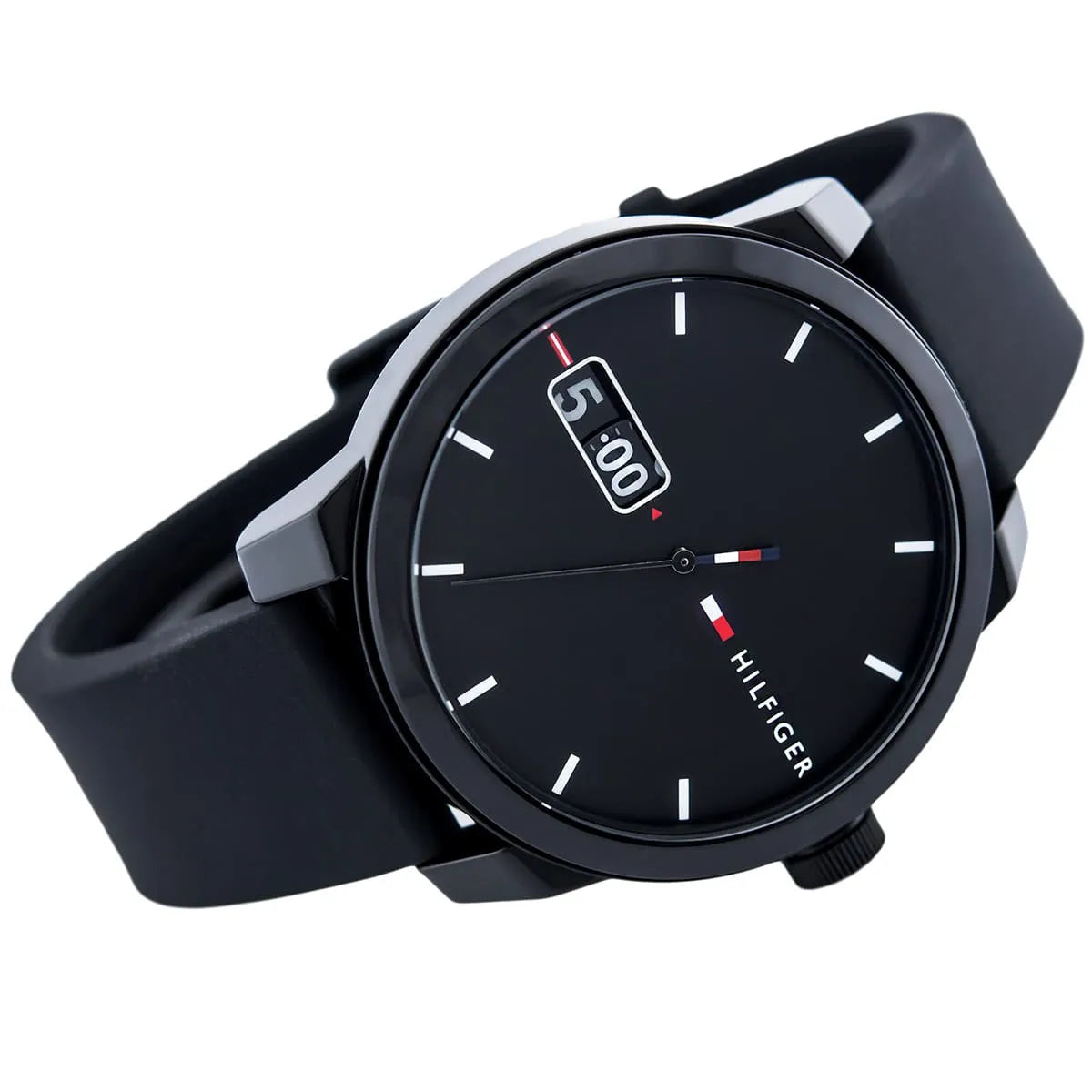Side profile of Tommy Hilfiger Denim 1791382 men's quartz battery watch showing 10mm thickness and black finish