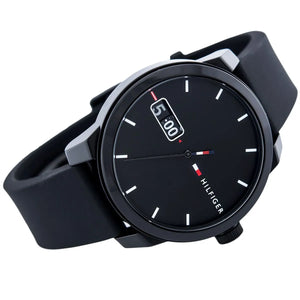 Side profile of Tommy Hilfiger Denim 1791382 men's quartz battery watch showing 10mm thickness and black finish