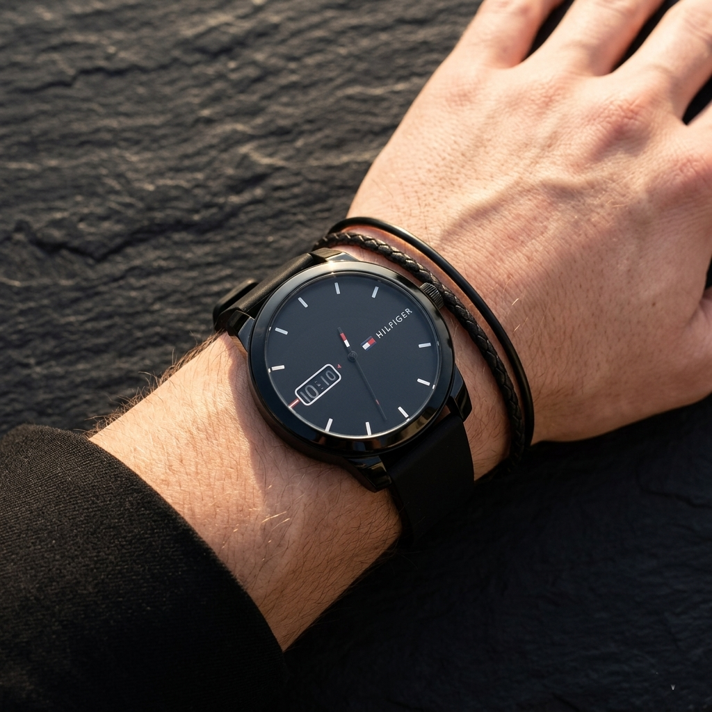 Close up of Tommy Hilfiger Denim 1791382 men's quartz battery watch on wrist showing black sunray dial and black rubber strap