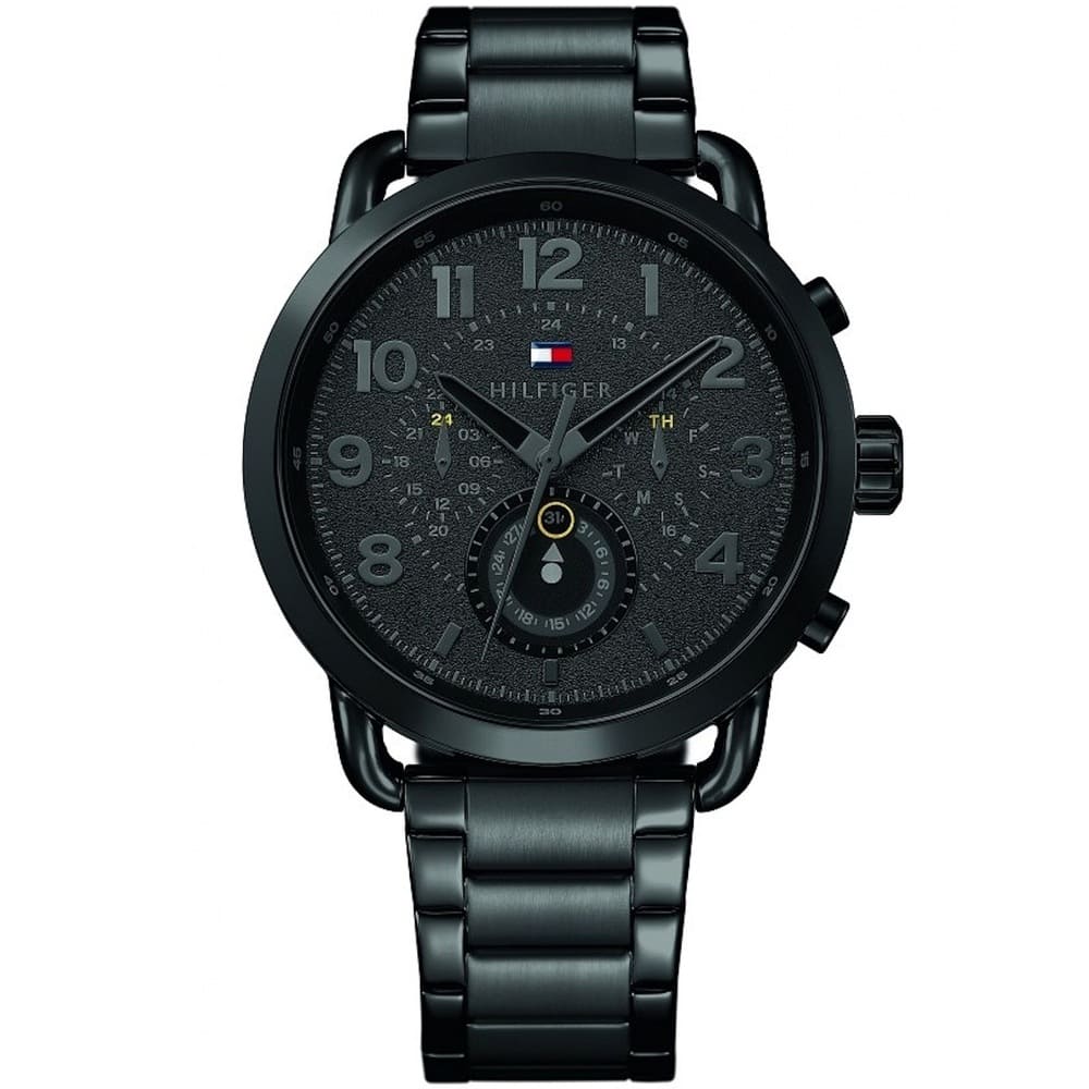 Tommy Hilfiger Eton 1791423 men's watch featuring a 40mm black ion-plated case, black dial, and matching black stainless steel link bracelet