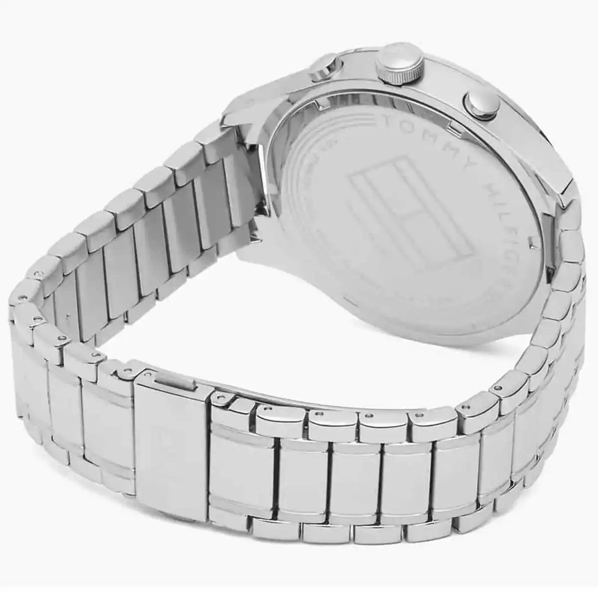Caseback of Tommy Hilfiger Gavin 1791469 men's quartz battery watch showing technical specs black dial and metal bracelet