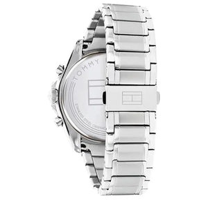 Caseback of Tommy Hilfiger Gavin 1791469 men's quartz battery watch showing technical specs black dial and metal bracelet