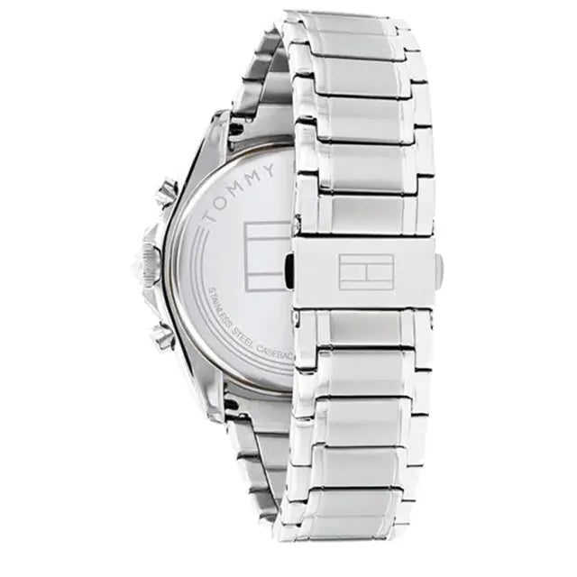 Caseback of Tommy Hilfiger Gavin 1791469 men's quartz battery watch showing technical specs black dial and metal bracelet