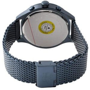 Caseback of Tommy Hilfiger Gavin 1791471 men's quartz battery watch showing technical specs blue dial and mesh bracelet