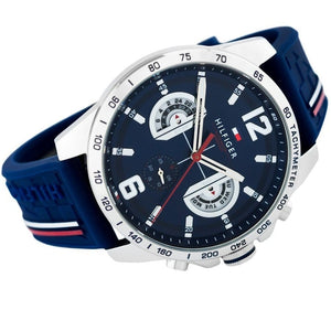 Silver-tone buckle clasp on Tommy Hilfiger Decker 1791476 men's quartz battery blue rubber strap watch