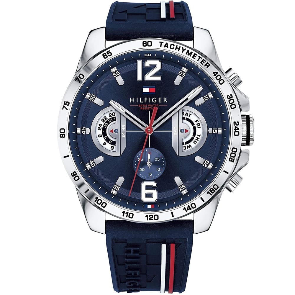 Tommy Hilfiger Decker 1791476 men's quartz battery watch with blue dial, silver-tone case, blue rubber strap main view