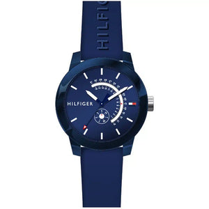 Tommy Hilfiger Brooklyn 1791482 men's watch featuring a blue case, textured navy blue multi-function dial, and blue rubber strap