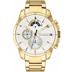 Tommy Hilfiger Decker 1791538 men's quartz battery watch with white dial, gold-tone case, gold stainless steel bracelet main view
