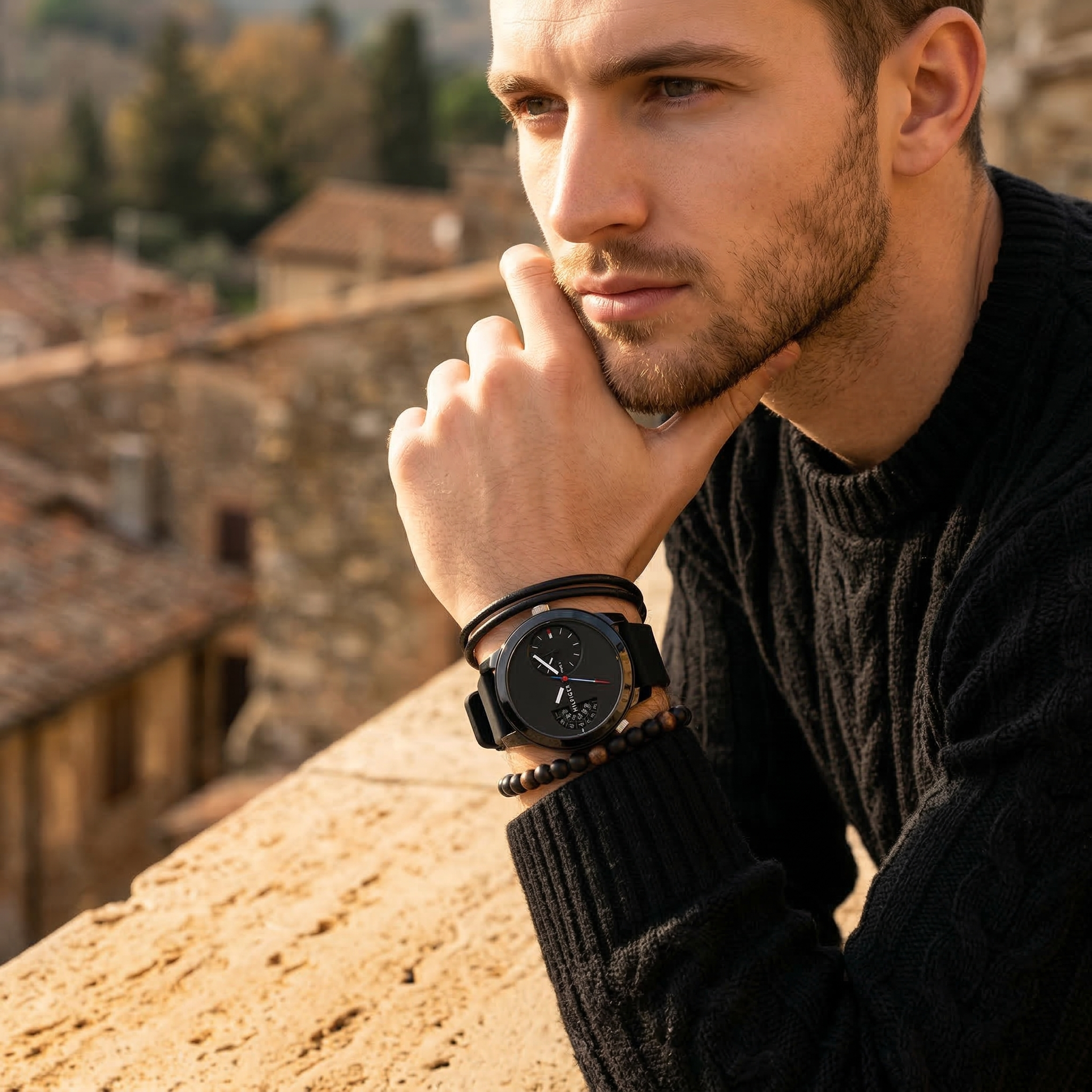 Elegant man wearing Tommy Hilfiger Denim 1791555 men's quartz battery watch with black-tone case and innovative dual-time display