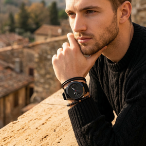 Elegant man wearing Tommy Hilfiger Denim 1791555 men's quartz battery watch with black-tone case and innovative dual-time display