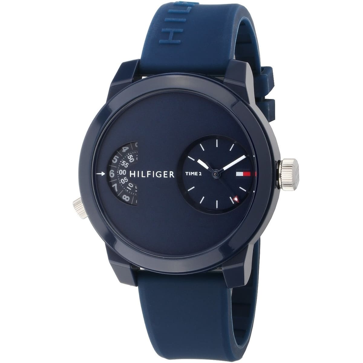 Right angled view of Tommy Hilfiger Denim 1791556 men's quartz battery watch highlighting blue finish and rotating disc details