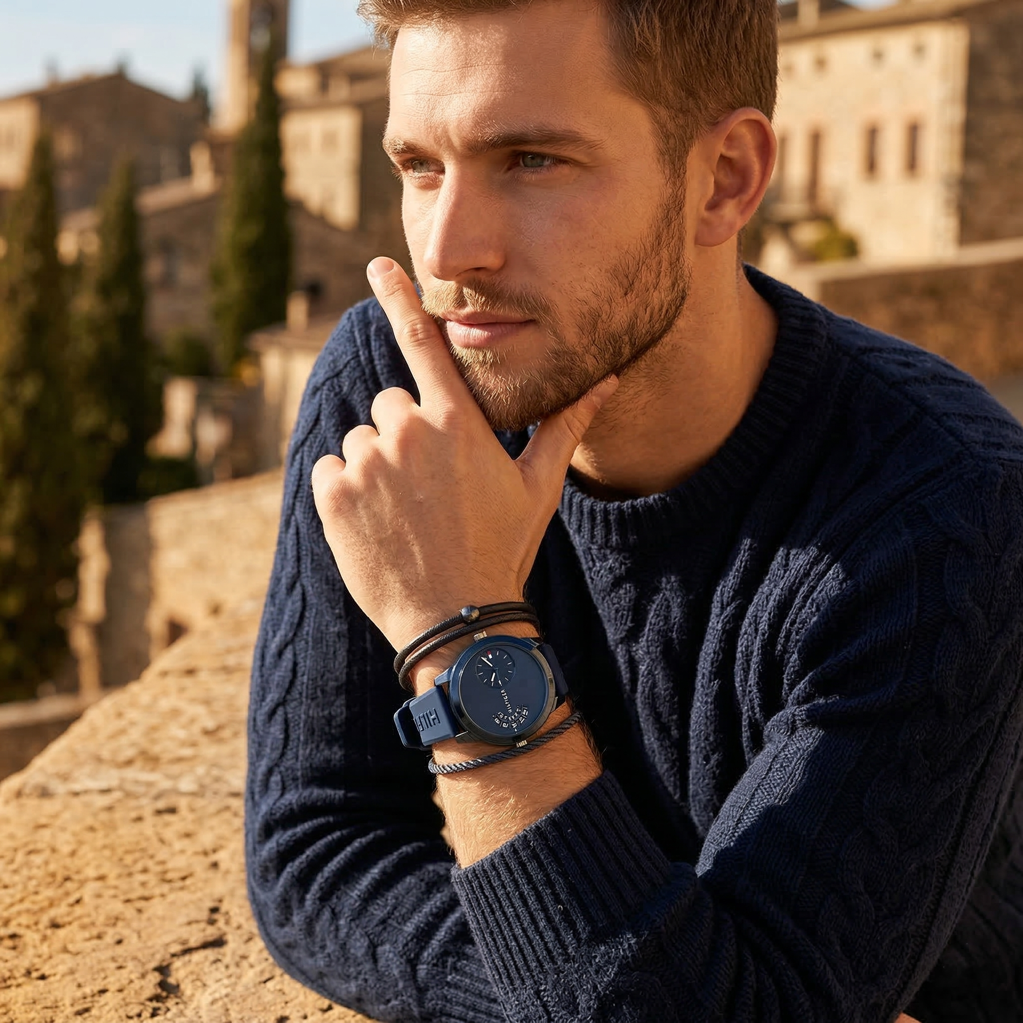 Elegant man wearing Tommy Hilfiger Denim 1791556 men's quartz battery watch with blue-tone case and innovative dual-time display