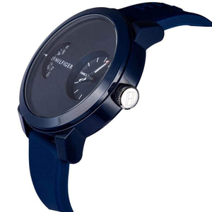 Side profile of Tommy Hilfiger Denim 1791556 men's quartz battery watch showing 11mm thickness and blue finish