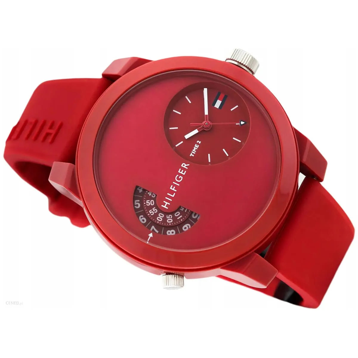 Right angled view of Tommy Hilfiger Denim 1791557 men's quartz battery watch highlighting red finish and rotating disc details